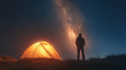 A camper's silhouette against a glowing tent, with a starry sky and Milky Way overhead.