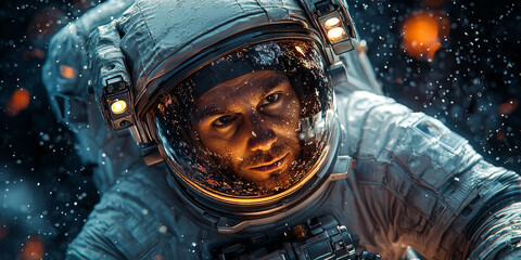 close-up of an astronaut's determined face as he stares into the vast unknown.