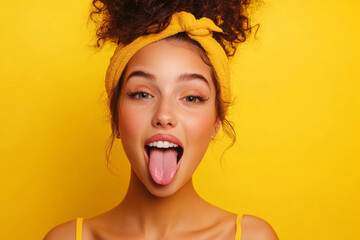 Portrait of a young mixed race woman sticking her tongue out isolated on yellow background