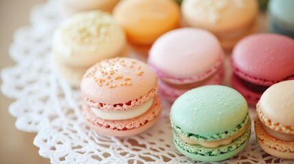 A close-up of macarons in various pastel shades, neatly arranged on a delicate lace doily for a refined presentation.