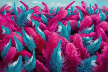 Vibrant Landscape with Spiraling Feathers in Fuchsia and Aquamarine