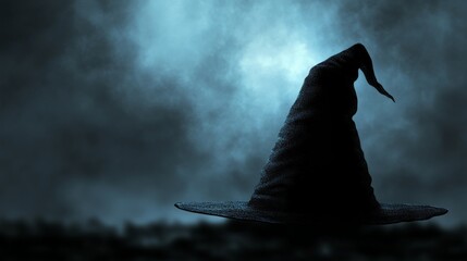 Witch's Hat Silhouette in Foggy Night.