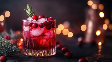 A close-up of a cranberry cocktail garnished with fresh rosemary, surrounded by Christmas decorations like twinkling lights and red berries on a dark, moody background