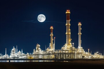 Serene Night Scene of Oil Refinery and Petrochemical Towers Under Moonlight