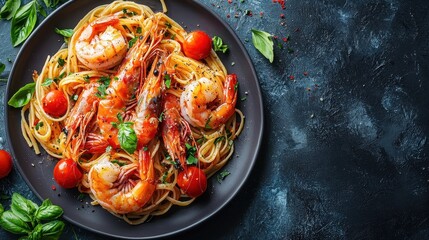 Canvas Print - Delicious Shrimp Pasta Dish with Fresh Tomatoes and Basil