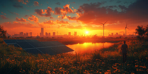 Poster - A person stands in a field of wildflowers at sunset, gazing at the city skyline with solar panels and wind turbines in the foreground.