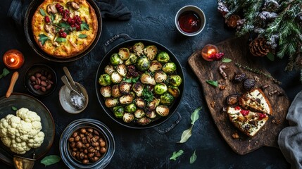 A flat lay of a vegan holiday meal featuring an assortment of roasted Brussels sprouts, cauliflower, mushrooms, and a decadent vegan cake on a dark, rustic table