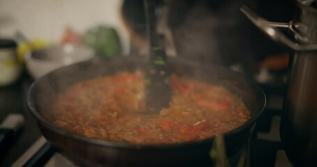 Poster - Cooking, food and stir with hands of person in kitchen for lunch, diet and meal prep. Nutrition, cuisine and dinner with chef and gourmet ingredients at home for wellness, dining and health.