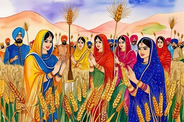 Wall Mural - Vibrant Punjabi Culture Celebrated Through Heritage Watercolor Illustrations of Festive Wheat Fields