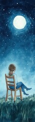 Wall Mural - A serene night scene featuring a person sitting on a chair, gazing at a bright moon and starry sky, evoking peace and introspection.