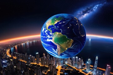 Wall Mural - stunning nighttime earth view from space featuring city lights and starry cosmos background