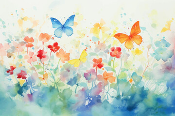 Wall Mural - Colorful watercolor butterflies flowers