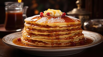 Wall Mural - A stack of pancakes topped with maple syrup and a dollop of whipped cream,