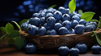 Wall Mural - Fresh blueberries in a woven basket, with green leaves and some fruit on top.