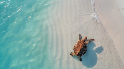 Sea turtles on the white sandy beach and crystal clear blue water.