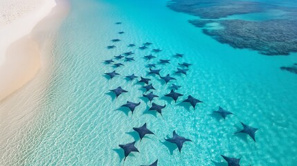 Stingrays swim near the white sandy beach, blue sea, aerial view.