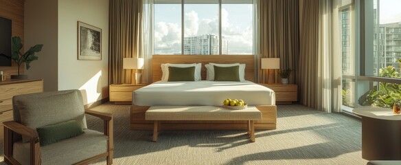 Wall Mural - Modern Hotel Room with City View and Wooden Accents