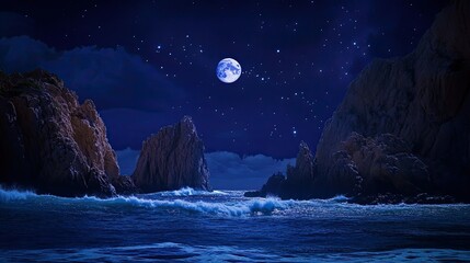 A serene view of Land's End, Cabo San Lucas, under a starry night sky, with the moonlight illuminating the rock formations and gentle ocean waves