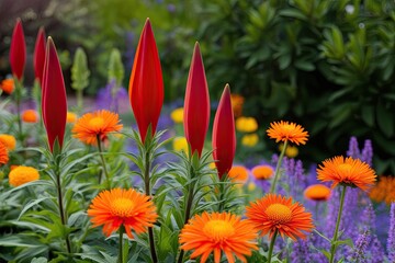 Vibrant Spring Garden with Red Hot Poker and Orange Coneflower Flowers