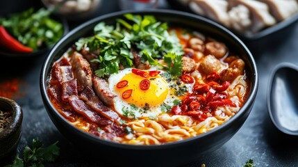 A steaming bowl of Nyonya Laksa featuring crispy pork bacon, savory sausage, and a bright egg yolk, topped with herbs and red chili slices, ideal for a cookbook or menu