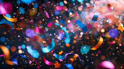 07240954 60. A festive explosion of diverse confetti shapes and charming graphic elements, featuring glittering stars, shiny circles, and lively streamers, isolated for a fun and energetic party