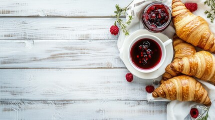 A stylish breakfast flat lay with a steaming cup of coffee, golden croissants, and a jar of red berry jam on a white wooden background, with room for text