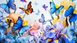 © Sinechana - 07240954 73. A stunning composition of colorful butterflies and elegant irises, with open space above for adding copy, ideal for nature, travel, and art lovers