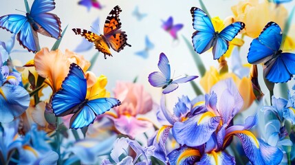07240954 73. a stunning composition of colorful butterflies and elegant irises, with open space abov