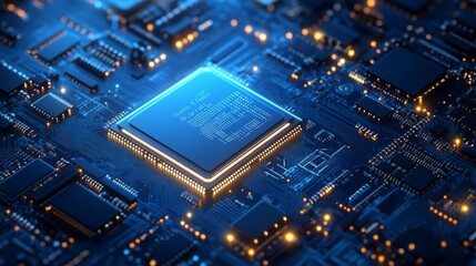 Brightly glowing AI chip on light circuit board on technology blue background. CPU processor or semiconductor on tech bg. Computer microchip on motherboard. Abstract digital vector illustration