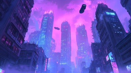 Futuristic cityscape featuring towering skyscrapers and flying cars under a vibrant purple sky, showcasing advanced technology.