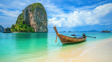 A traditional long-tail boat floating near the limestone rocks on a secluded beach in Krabi, with soft white sand and vibrant blue-green water