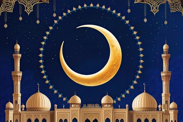 Stunning Crescent Moon Artwork on Dark Sapphire Background for Eid al-Fitr Celebration