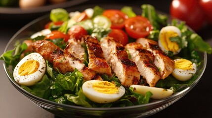 A vibrant Caesar salad served in a clear bowl, filled with fresh greens, juicy tomato slices, halved boiled eggs, and chunks of grilled chicken, with a tangy dressing