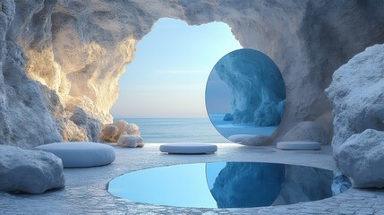 Canvas Print - 3D render of an abstract background with white cobblestone ruins and a blue rounded glass frame, featuring a modern minimal installation with rocks and stones.