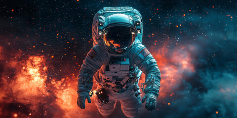 Wall Mural - Astronaut floats through space with a fiery nebula behind them.