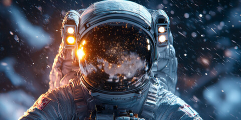 Wall Mural - A close-up of an astronaut's helmet, with a reflection of a vast starry sky, captured in the dark expanse of space.