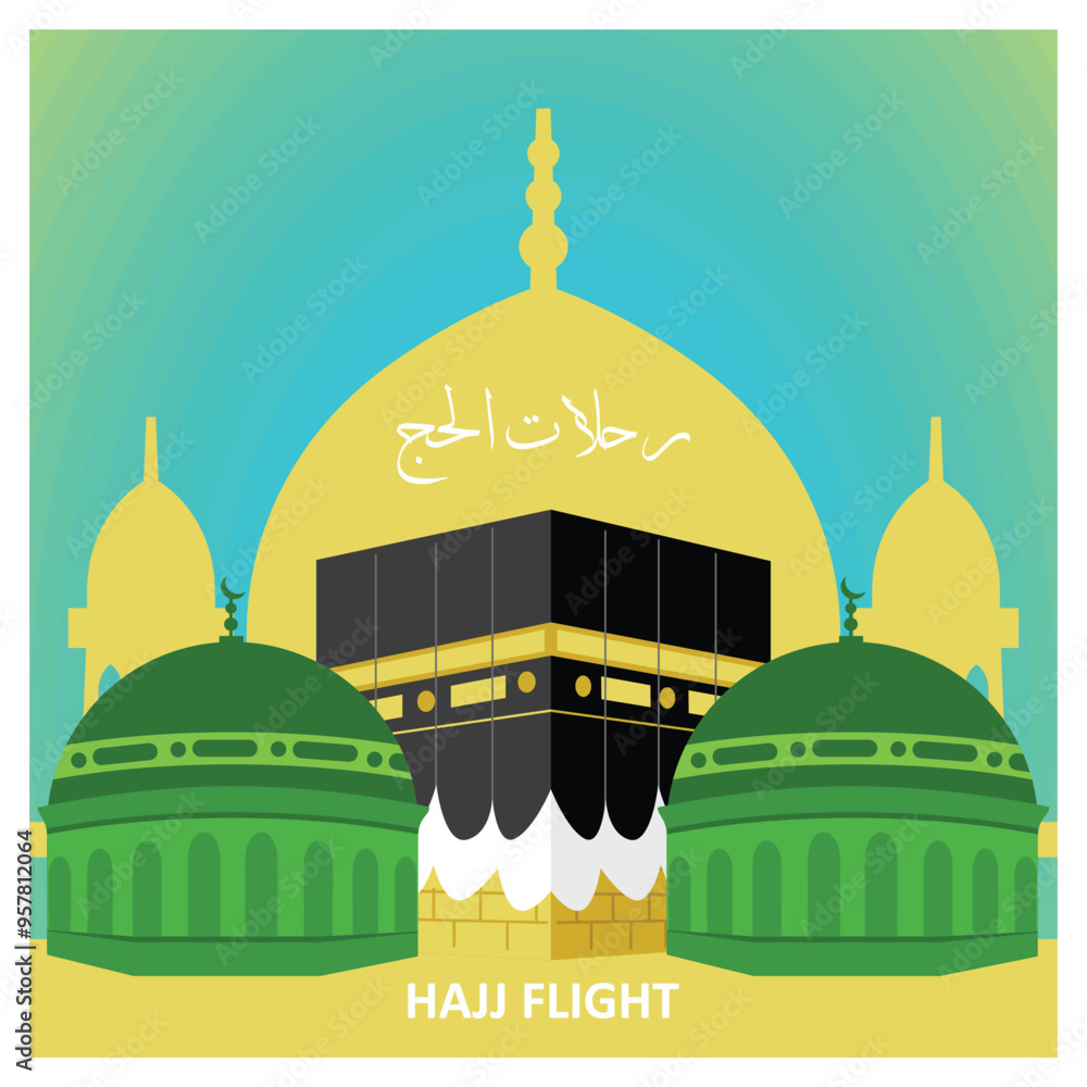 Hajj pilgrims will make a pilgrimage after completing the Hajj pilgrimage. They will make a pilgrimage to the Nabawi mosque in Medina. Islamic Hajj concept. Flat vector illustration.