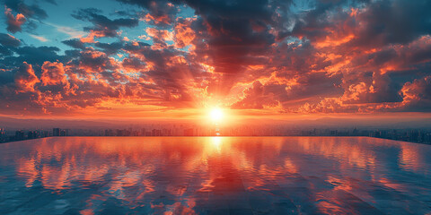 Canvas Print - A stunning sunset over a city skyline, reflected in a rooftop pool.