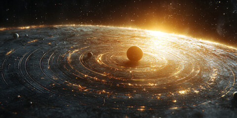 Sticker - A stunning view of a futuristic space scene with a planet in the center, surrounded by glowing rings.