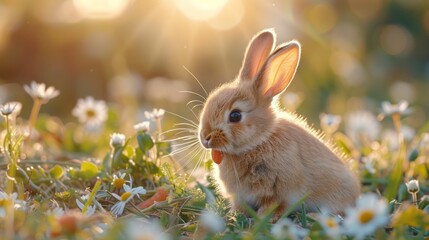 A close-up portrait of a cute bunny rabbit sitting in a field of white flowers.