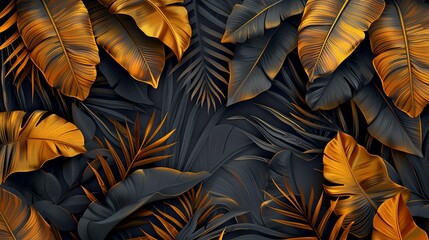 Abstract Tropical Leaf Pattern in Gold and Black