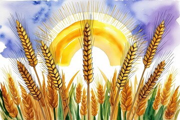 Wall Mural - Elegant Watercolor Art Celebrating Baisakhi with Radiant Golden Wheat Sheaves and Punjabi Culture