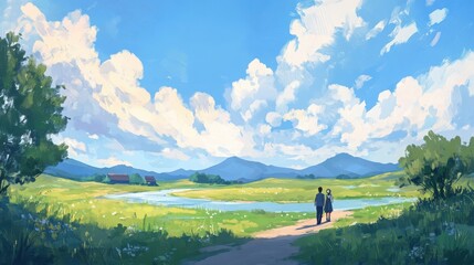 A serene landscape featuring a couple walking along a path beside a river, under a beautiful blue sky with fluffy clouds.