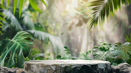 Stone podium table top outdoors blur green monstera tropical forest plant nature background.Beauty cosmetic healthy natural product placement pedestal display,spring or summer jungle paradise. 