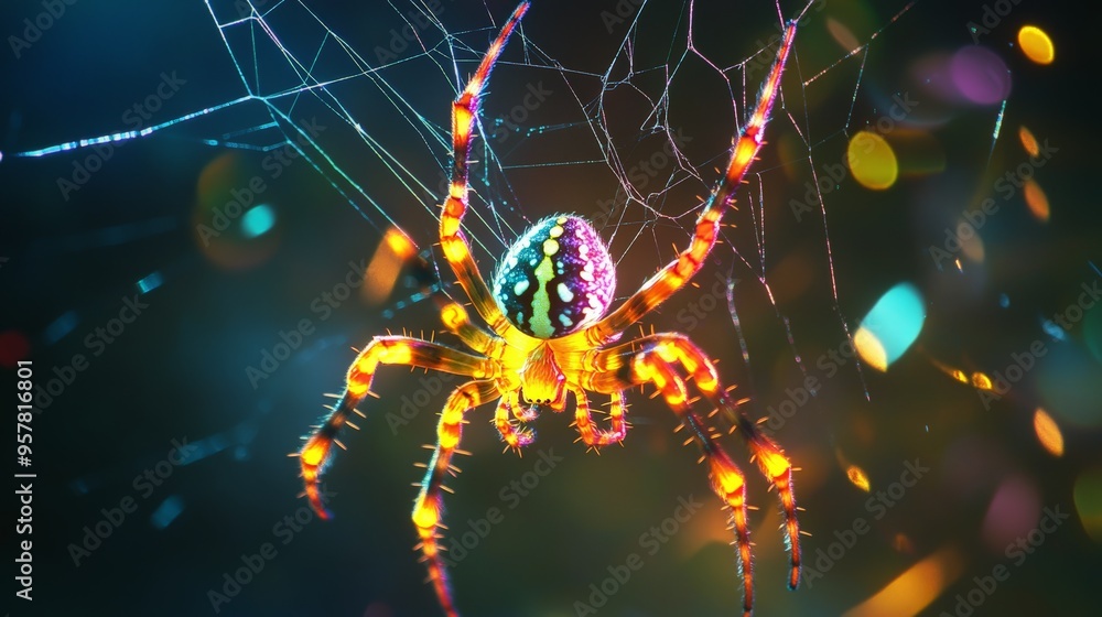 Colorful neon light effect on a spider weaving its web against a dark ...