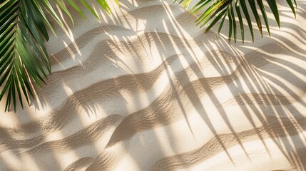 summer background of beach sand with shadows from palm leaves, top view 