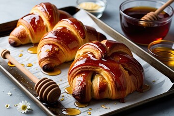 Wall Mural - Indulgent Honey Glazed Croissants for a Luxurious Breakfast Pastry Experience