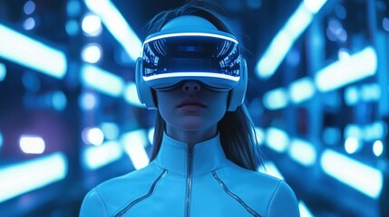 Sticker - Woman Wearing a VR Headset in a Futuristic Setting