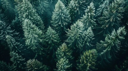 Top view of dark green forest landscape in winter. Aerial nature scene of pine trees. Countryside path trough coniferous wood form above. Adventure travel concept background. 