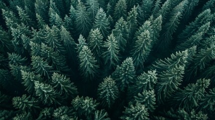 Top view of dark green forest landscape in winter. Aerial nature scene of pine trees. Countryside path trough coniferous wood form above. Adventure travel concept background. 